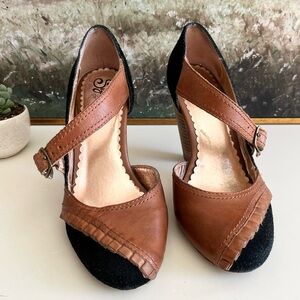 Seychelles Tan and Black Mary Jane Heels